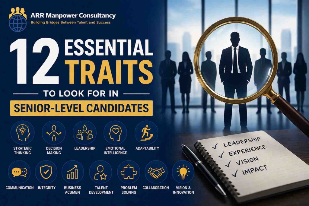 Professional featured image illustrating the 12 essential traits to look for in senior-level candidates, including strategic thinking, leadership, decision-making, emotional intelligence, adaptability, communication, integrity, business acumen, talent development, problem-solving, collaboration, and innovation, with a magnifying glass highlighting a leadership candidate.