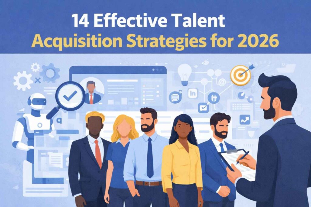 14 Effective Talent Acquisition Strategies for 2026 featured image showing ARR Manpower Consultancy branding, AI-powered recruitment technology, candidate sourcing, workforce planning, hiring analytics, and diverse professionals connected through a modern digital recruitment network.