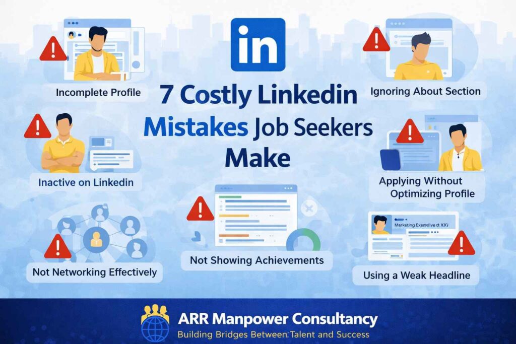 Professional featured image showing common LinkedIn mistakes job seekers make, including incomplete profiles, poor networking, weak personal branding, and missed career opportunities, with ARR Manpower Consultancy branding.
