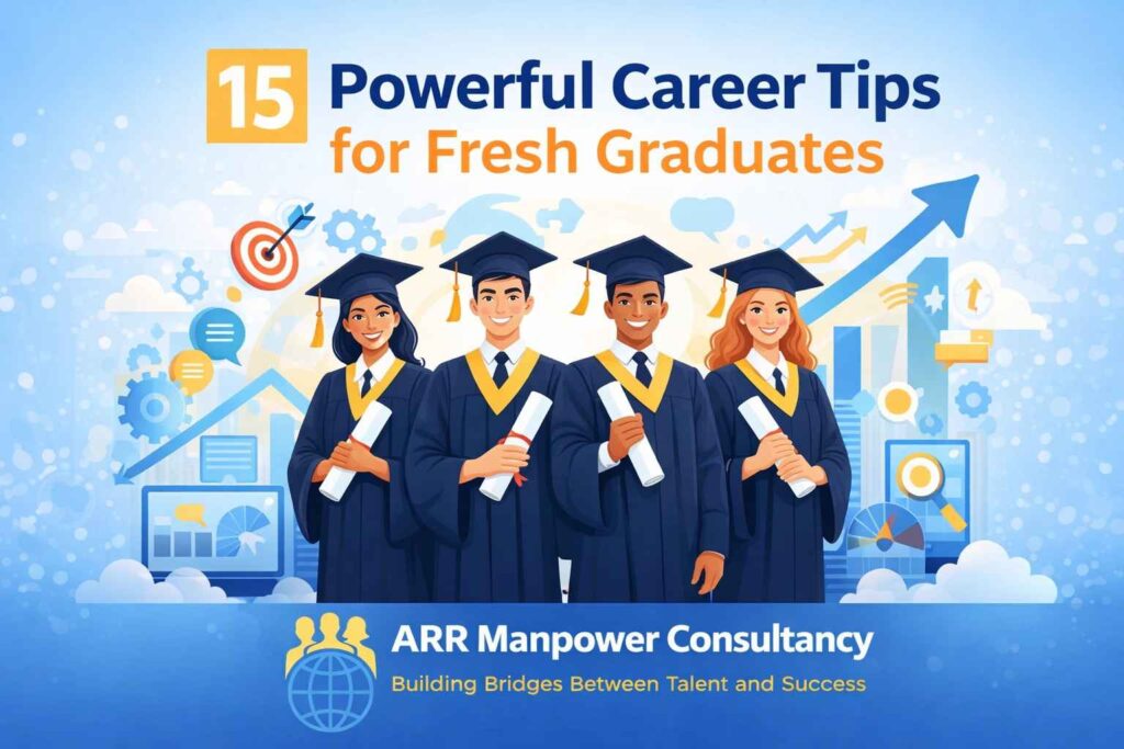 15 Powerful Career Tips for Fresh Graduates featured image showing recent graduates transitioning into professional careers with career growth, job search, networking, interview preparation, and skill development elements alongside ARR Manpower Consultancy branding.