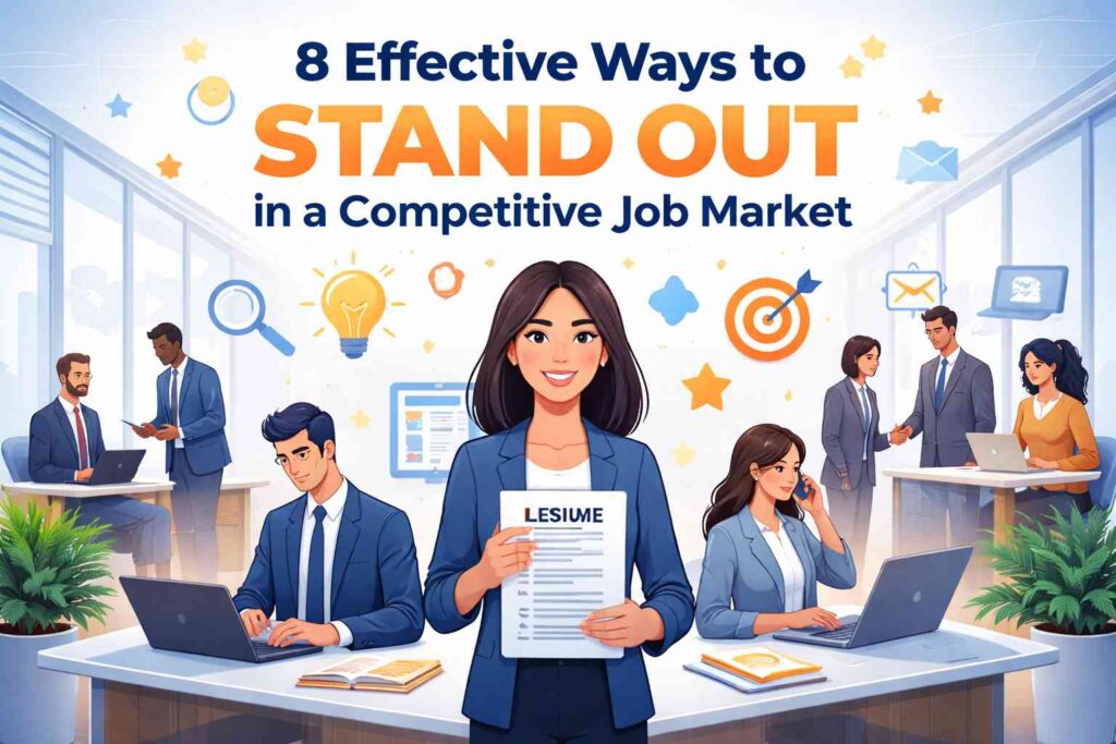 Professional job seekers networking, updating resumes, and attending interviews, illustrating effective ways to stand out in a competitive job market.