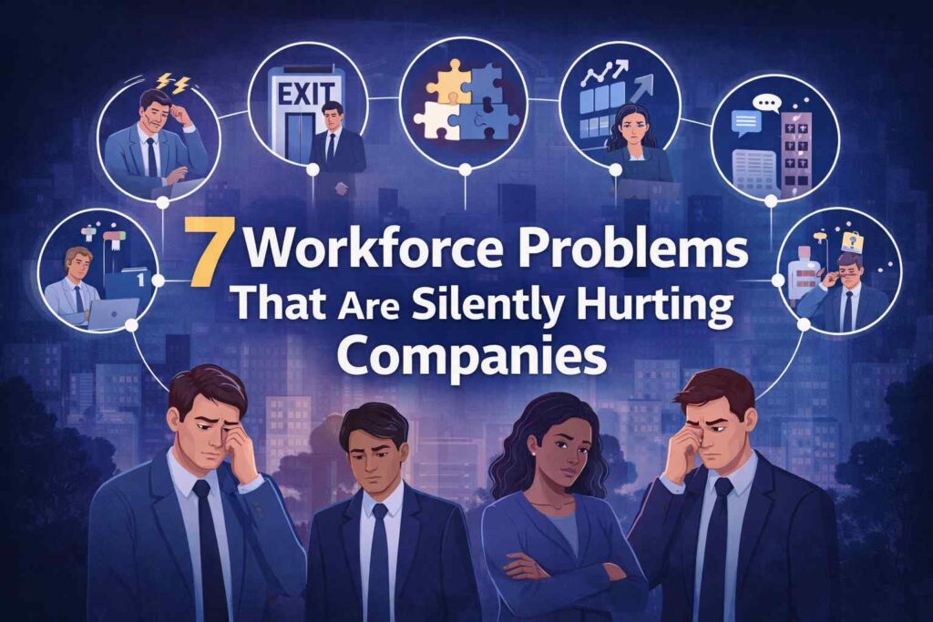 7 Workforce Problems That Are Silently Hurting Companies – corporate workforce challenges illustration featuring employee burnout, communication gaps, turnover, leadership issues, and productivity concerns with ARR Manpower Consultancy branding.