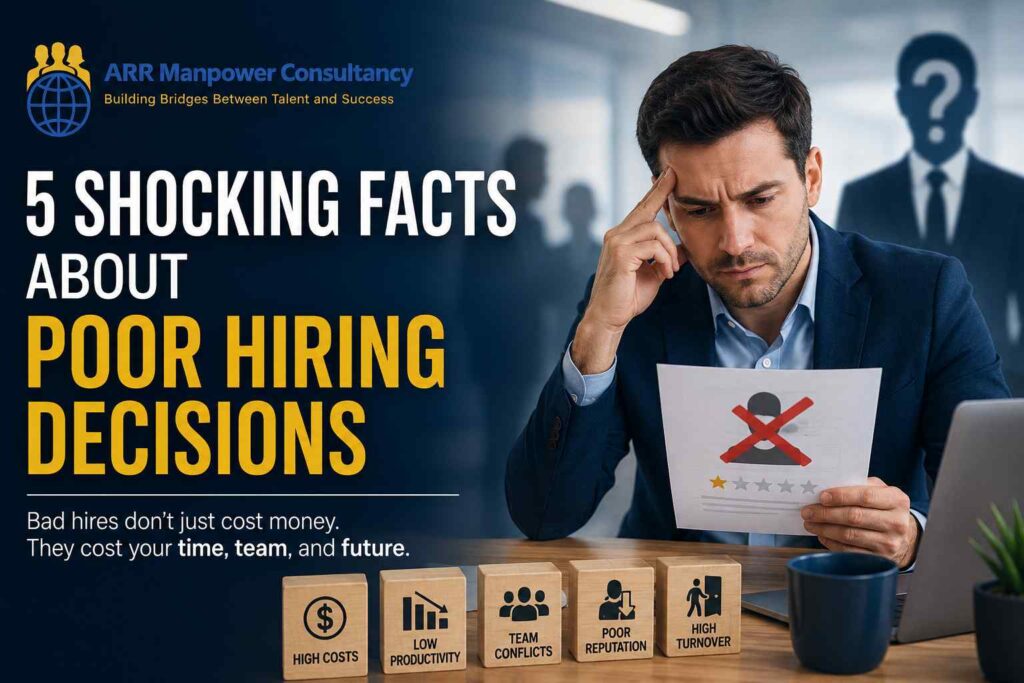 Manager reviewing a failed candidate profile while highlighting the consequences of poor hiring decisions, including high costs, low productivity, team conflicts, reputation damage, and employee turnover.