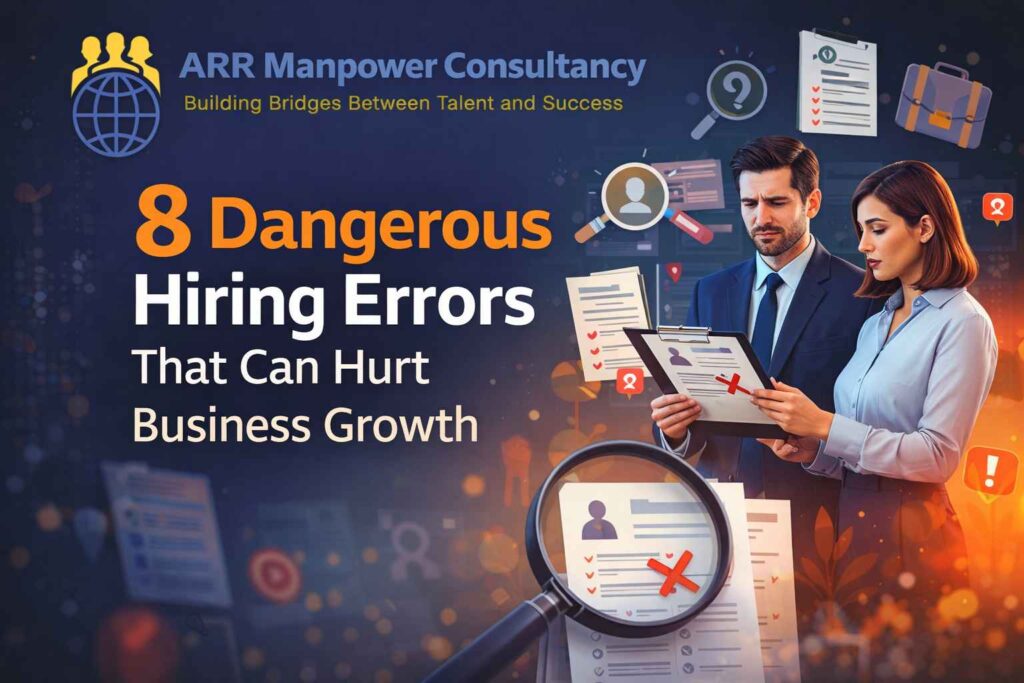 Business professionals reviewing candidate resumes while highlighting common hiring mistakes that can negatively impact business growth and recruitment success.