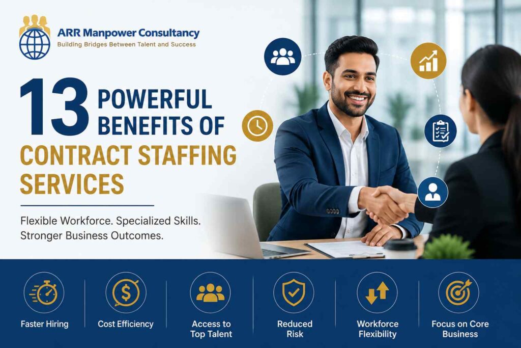Professional business handshake illustrating the 13 benefits of contract staffing services, including faster hiring, cost efficiency, workforce flexibility, and access to specialized talent by ARR Manpower Consultancy.