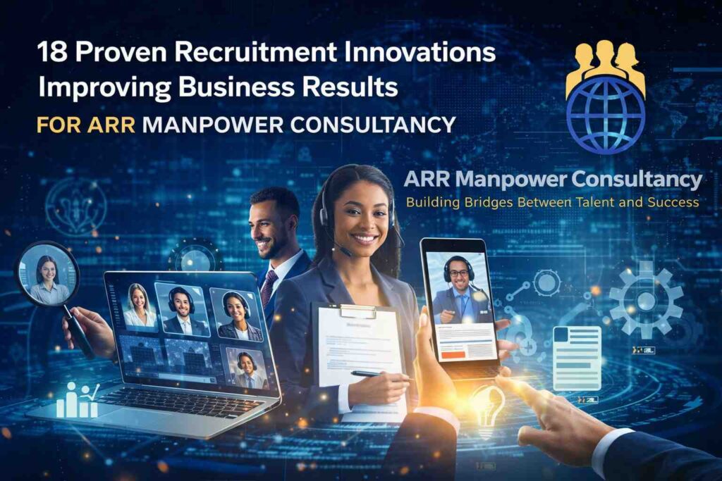 18 proven recruitment innovations improving business results for ARR Manpower Consultancy featuring AI-powered hiring, virtual interviews, talent acquisition technology, and modern recruitment strategies.
