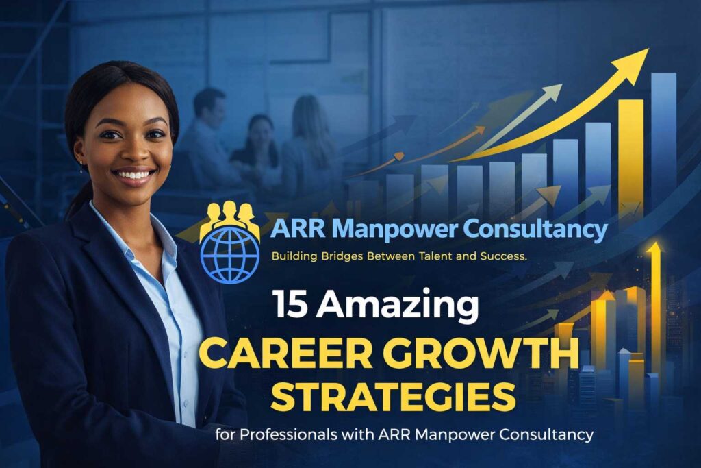 Career Growth Strategies for Professionals with ARR Manpower Consultancy featuring business professionals achieving career success through skill development, leadership, networking, and professional advancement.