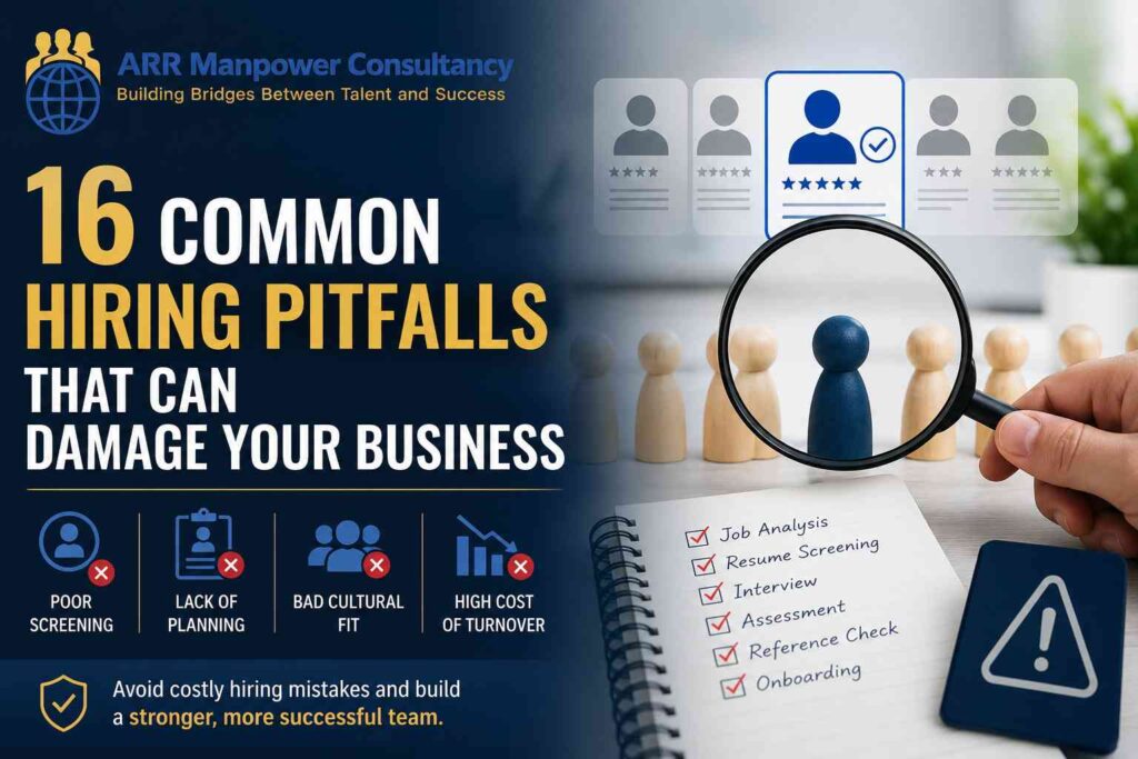 16 Common Hiring Pitfalls That Can Damage Your Business infographic featuring candidate screening, recruitment mistakes, cultural fit challenges, and employee turnover risks with ARR Manpower Consultancy branding.