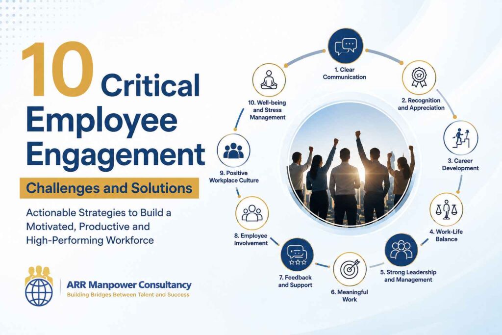10 Critical Employee Engagement Challenges and Solutions infographic showing key workplace engagement factors including communication, recognition, leadership, career development, and employee well-being.