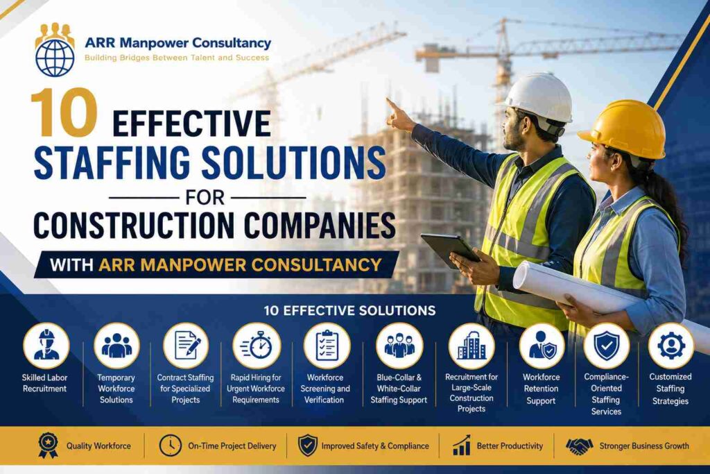 Construction managers reviewing a building project at a construction site, highlighting 10 effective staffing solutions for construction companies offered by ARR Manpower Consultancy.