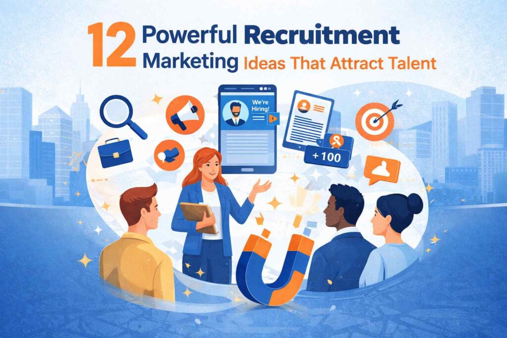 Recruitment marketing illustration showing a recruiter attracting diverse talent through employer branding, social media, referrals, and digital hiring strategies.