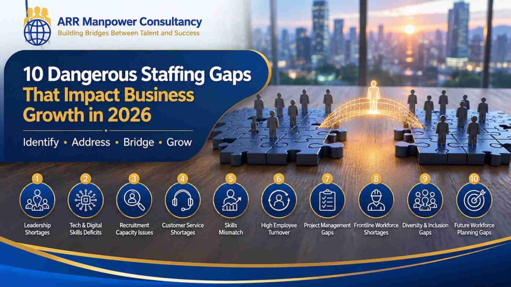 Business growth infographic showing a staffing gap in a workforce, with a magnifying glass highlighting talent recruitment challenges and the title "10 Dangerous Staffing Gaps That Impact Business Growth in 2026."