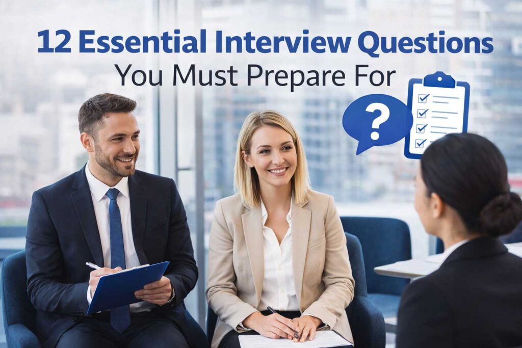 Professional job interview featuring recruiters and a candidate discussing essential interview questions in a modern office environment.