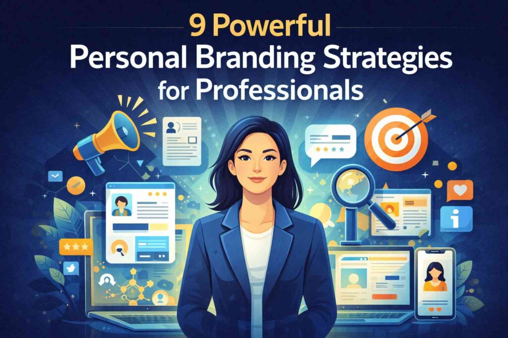 Professional woman building a strong personal brand through digital marketing, networking, online presence, and career growth strategies.