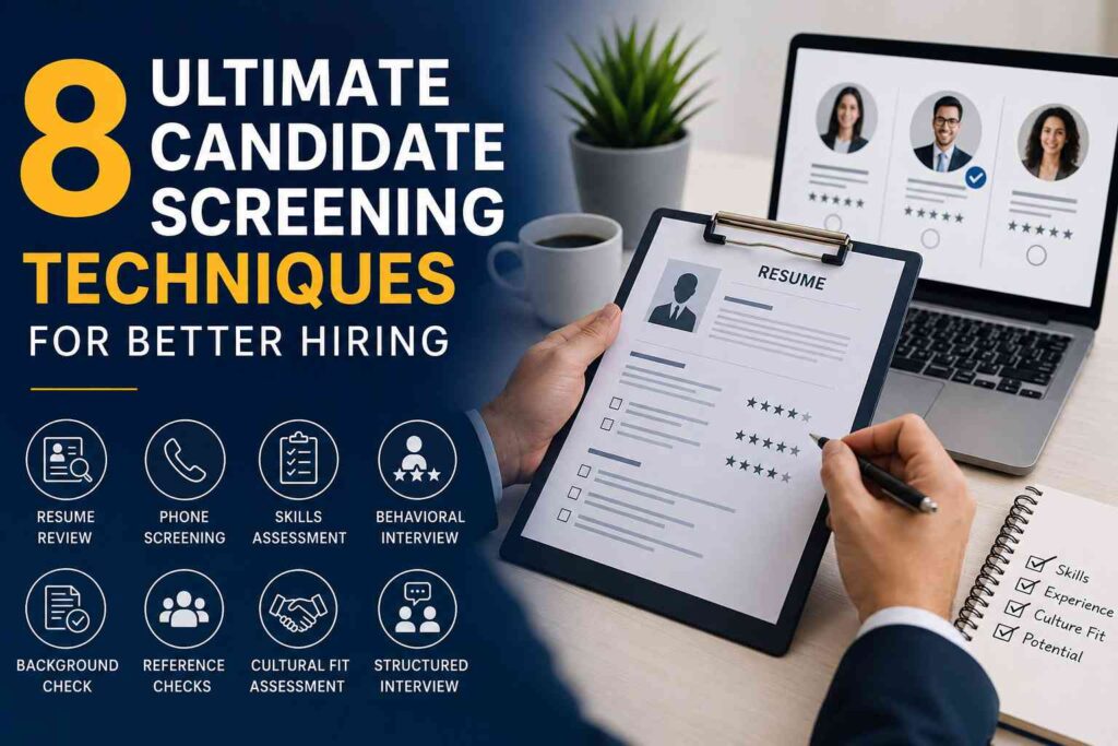 HR recruiter evaluating job candidates using screening techniques, resume analysis, interviews, and talent assessment for better hiring decisions.