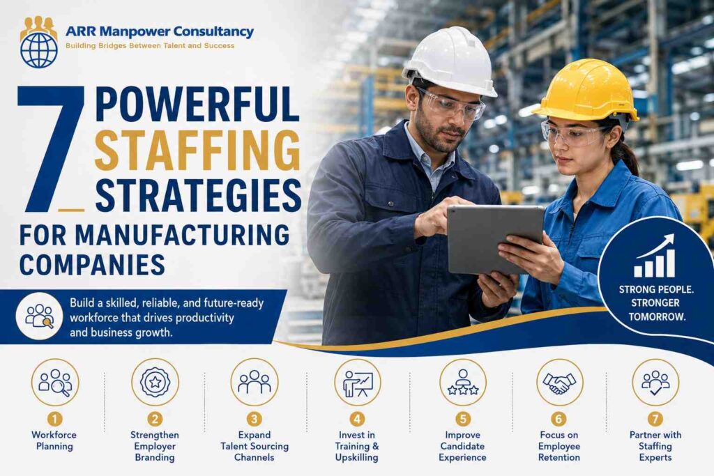 7 Powerful Staffing Strategies for Manufacturing Companies infographic featuring factory workers reviewing production data, workforce planning icons, and ARR Manpower Consultancy branding.