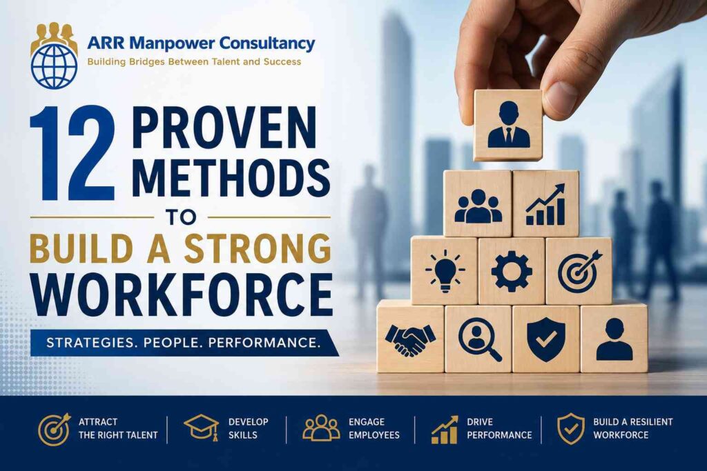 12 proven methods to build a strong workforce featuring talent acquisition, employee development, engagement, performance growth, and workforce planning strategies