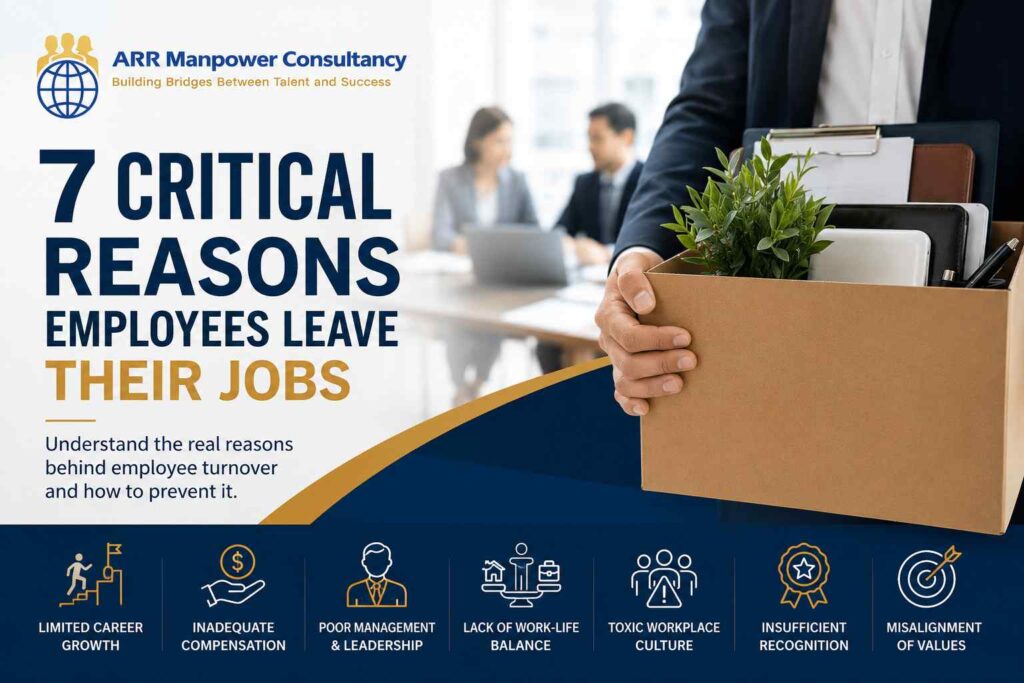 Infographic titled "7 Critical Reasons Employees Leave Their Jobs" featuring an employee carrying a box of belongings in an office setting, highlighting key turnover factors including limited career growth, inadequate compensation, poor management, lack of work-life balance, toxic workplace culture, insufficient recognition, and misalignment of values.