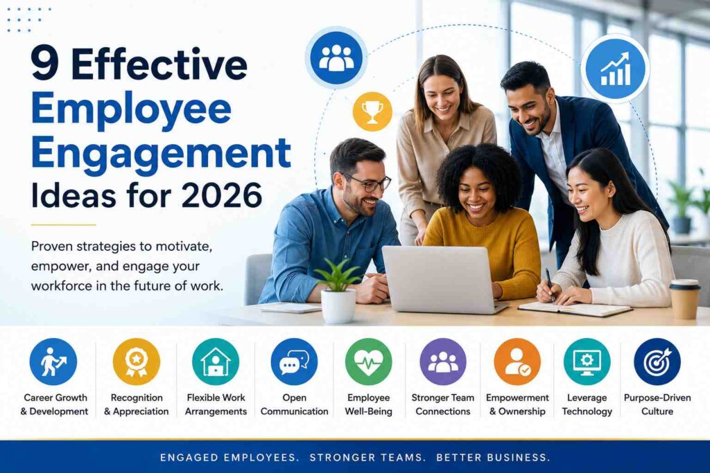 A diverse team of professionals collaborating around a laptop in a modern office, representing innovative employee engagement strategies for 2026. Icons highlight career growth, recognition, flexible work, communication, well-being, team connections, empowerment, technology, and purpose-driven culture.