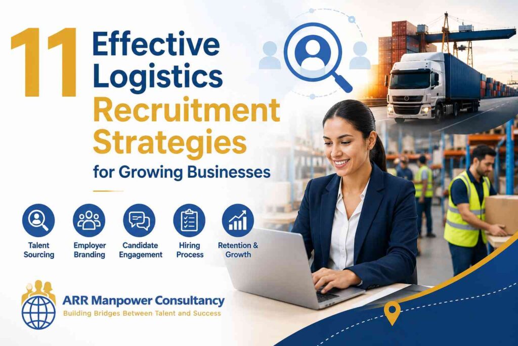 A modern logistics recruitment concept featuring warehouse operations, cargo transportation, supply chain management, and professional recruiters connecting skilled workers with growing businesses. The ARR Manpower Consultancy logo is prominently displayed, symbolizing talent acquisition and workforce solutions for the logistics industry.