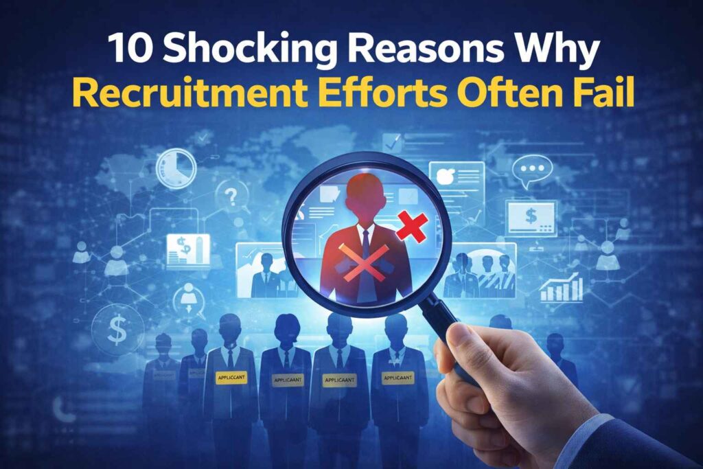 Recruitment efforts often fail due to poor hiring strategies, illustrated by a rejected candidate under a magnifying glass surrounded by recruitment, communication, and workforce management icons.