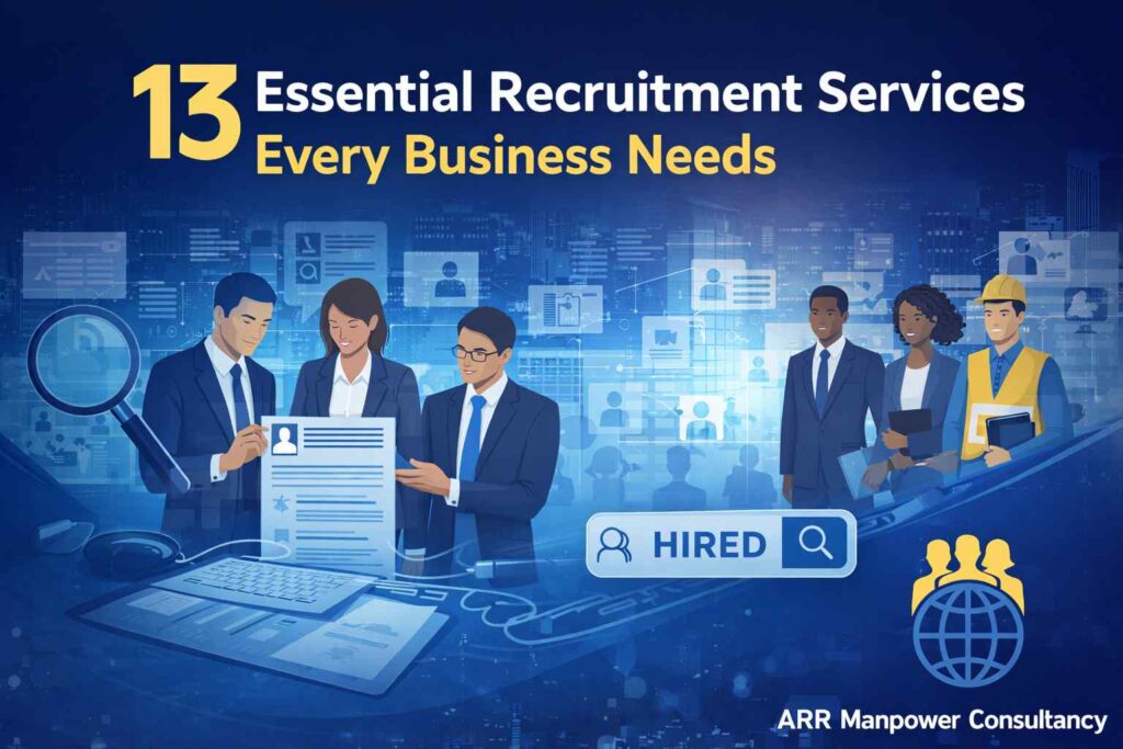 13 Essential Recruitment Services Every Business Needs featuring recruiters reviewing candidate profiles, hiring solutions, talent acquisition, and workforce management.
