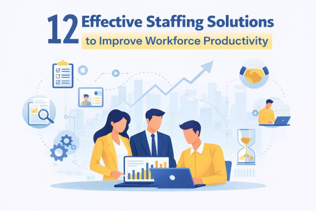 Business team collaborating with HR professionals implementing staffing solutions to improve workforce productivity and organizational performance.