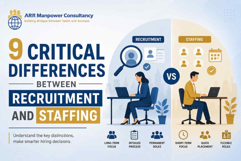 Infographic comparing recruitment and staffing, highlighting 9 critical differences in hiring processes, workforce flexibility, and employment strategies.