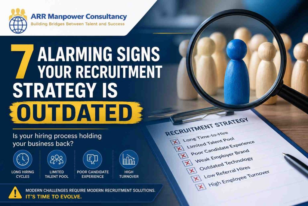 Professional recruitment strategy infographic showing a magnifying glass highlighting a candidate figure, recruitment checklist, and the headline '7 Alarming Signs Your Recruitment Strategy Is Outdated' with ARR Manpower Consultancy branding.