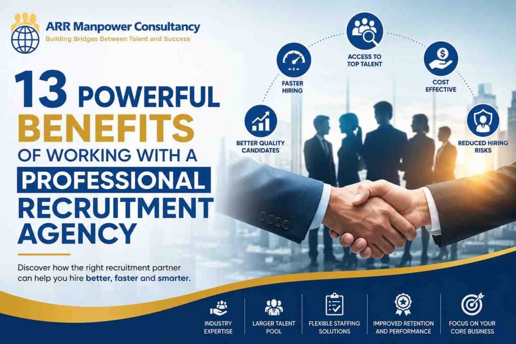 Professional recruitment agency benefits infographic featuring business professionals shaking hands, talent acquisition icons, faster hiring solutions, reduced hiring risks, and workforce recruitment strategies.