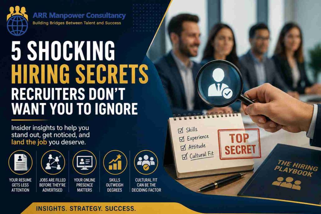 Professional recruitment featured image showing hiring secrets, recruiter candidate screening process, resume evaluation, skills assessment, networking, online presence, and cultural fit factors for job seekers.