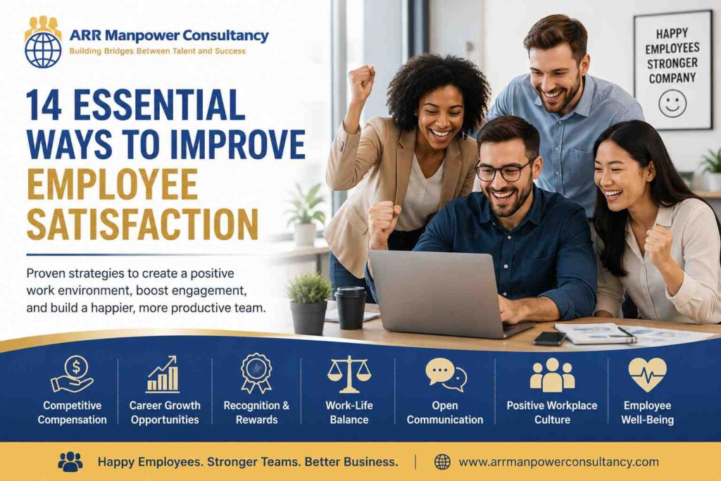 Happy employees collaborating in a modern office, representing 14 essential ways to improve employee satisfaction through recognition, career growth, communication, work-life balance, and workplace well-being.