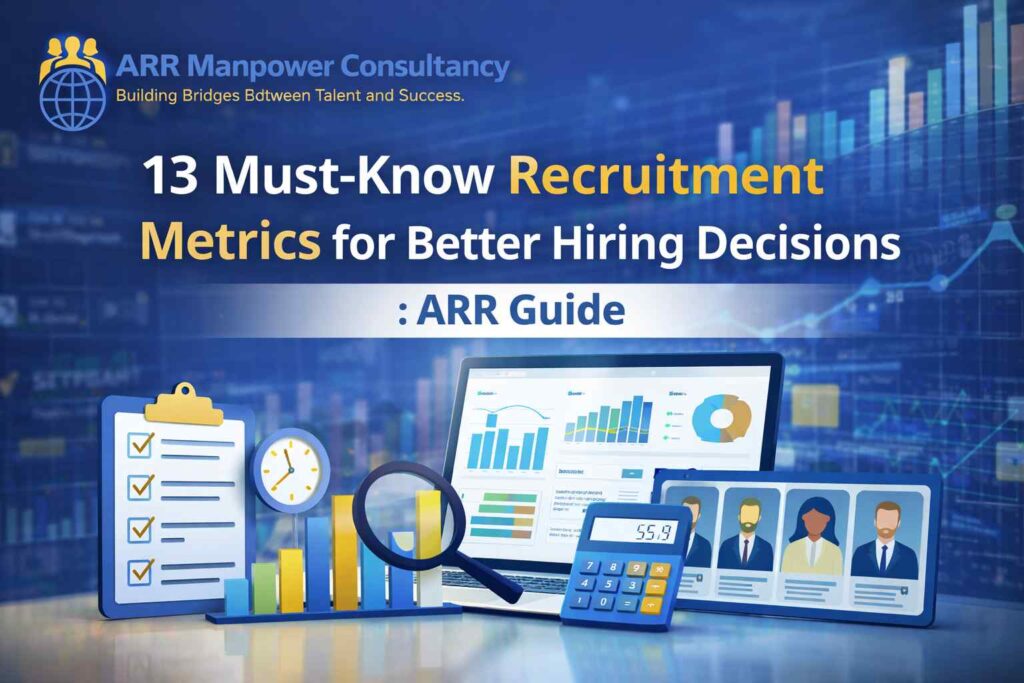 13 Must-Know Recruitment Metrics for Better Hiring Decisions dashboard showing hiring analytics, recruitment KPIs, candidate pipeline tracking, and talent acquisition performance metrics.