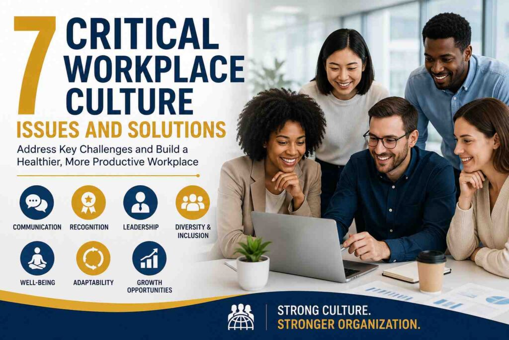 Professional workplace culture infographic highlighting 7 critical workplace culture issues and solutions including communication, recognition, leadership, diversity, employee well-being, adaptability, and career growth opportunities.