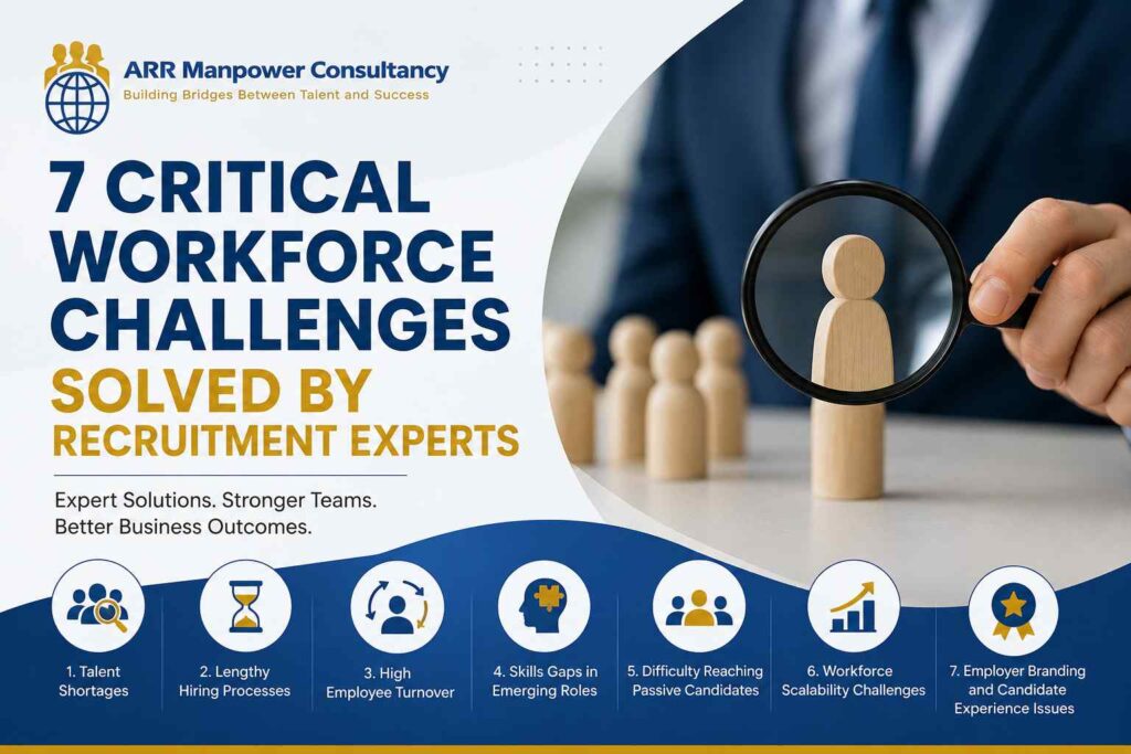 ARR Manpower Consultancy infographic showing seven critical workforce challenges solved by recruitment experts, including talent shortages, hiring delays, employee turnover, skills gaps, passive candidate sourcing, workforce scalability, and employer branding.