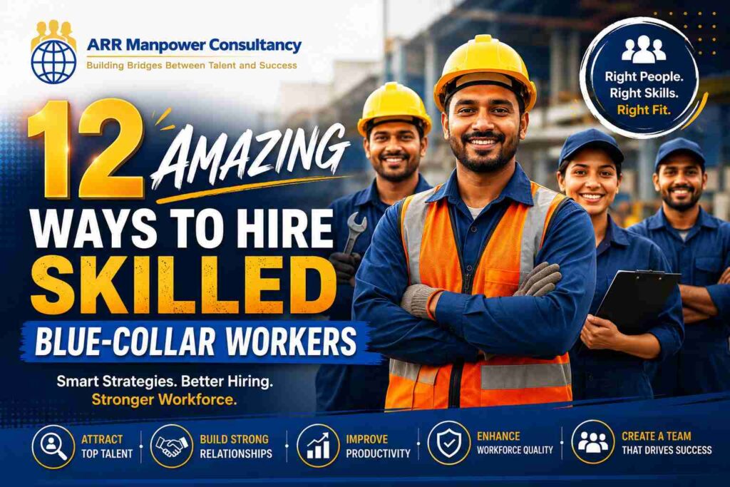 Skilled blue-collar workers in safety gear standing at a construction site representing effective hiring and workforce recruitment strategies.