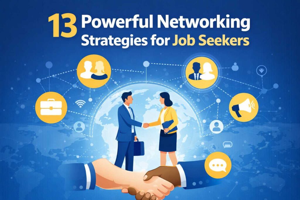 Professional networking illustration showing business professionals shaking hands, global connections, communication icons, and relationship-building strategies for job seekers.