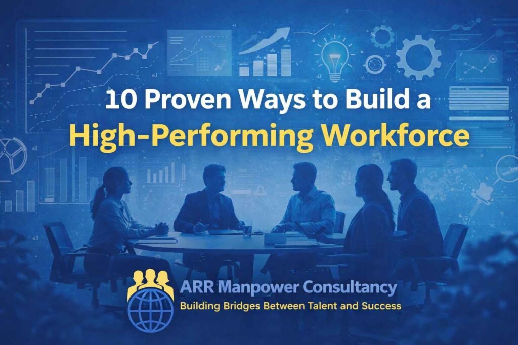 High-performing workforce illustration showing business professionals collaborating in a meeting with growth charts, analytics dashboards, and workforce development icons representing team productivity and organizational success.