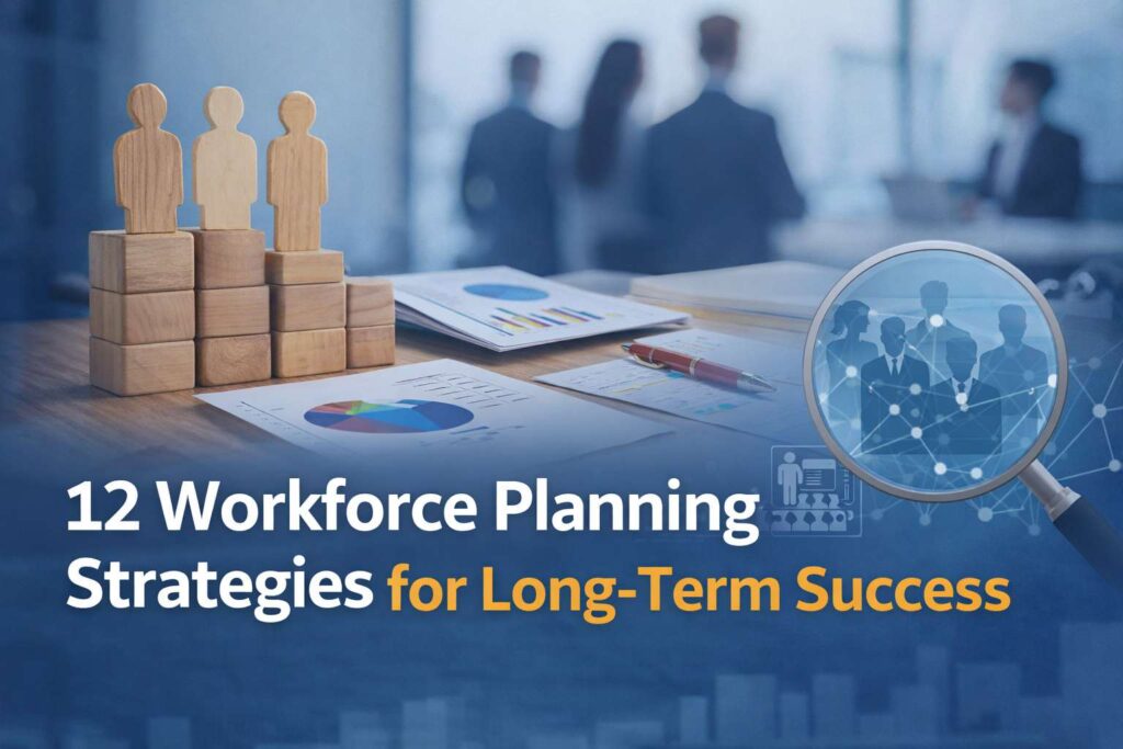 Workforce planning strategy concept showing employee figures, organizational hierarchy, workforce analytics, business charts, and talent management tools for long-term business success.