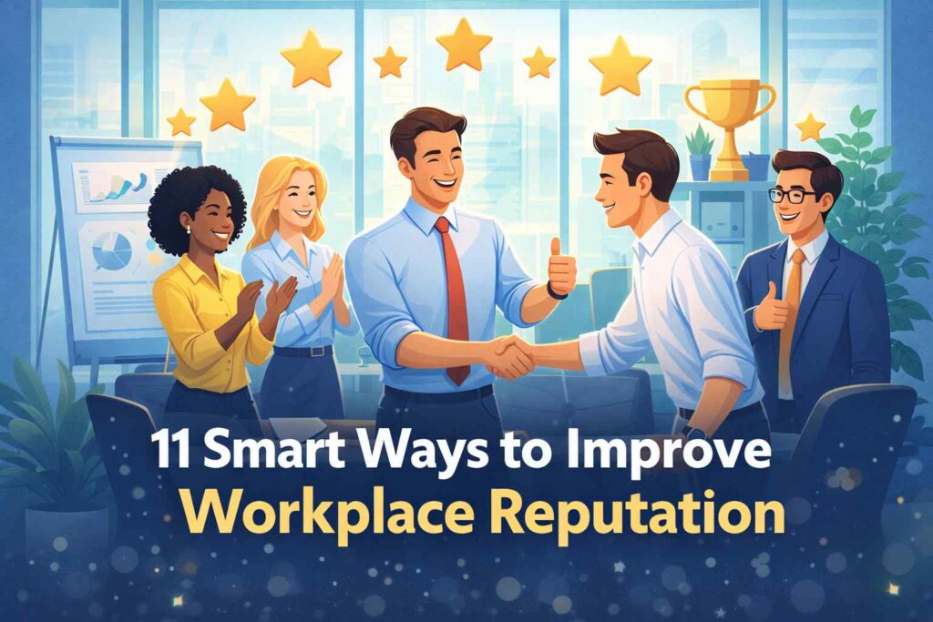Employees collaborating in a professional office environment to improve workplace reputation through teamwork, recognition, and positive company culture.
