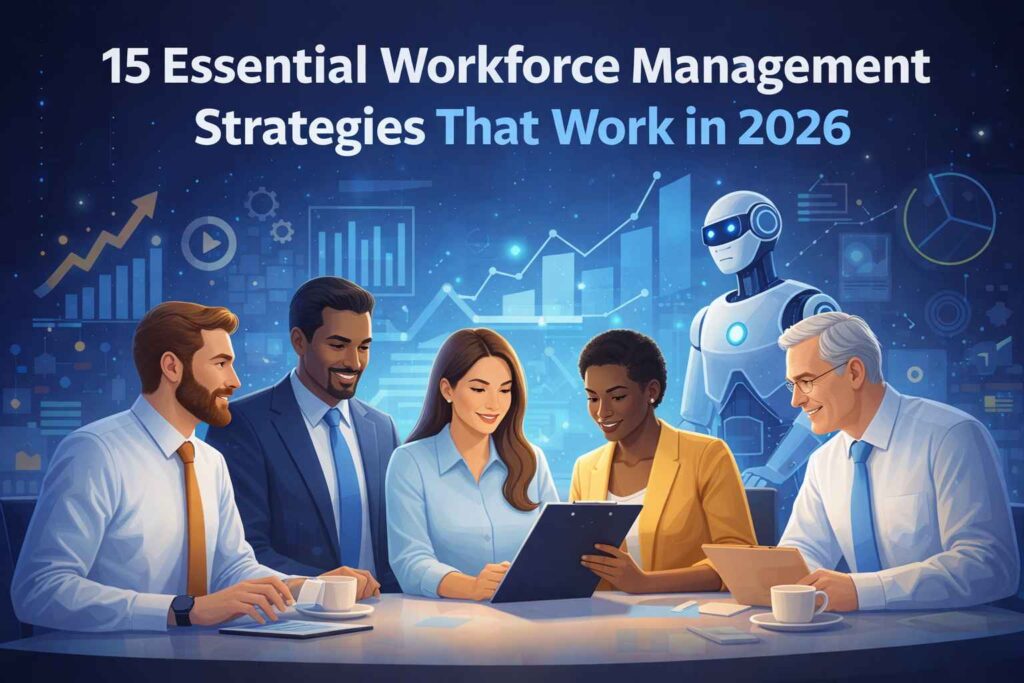 Business professionals collaborating with AI technology and workforce analytics dashboards, illustrating modern workforce management strategies for improved productivity and employee engagement in 2026.