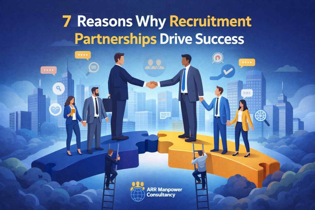 Business professionals shaking hands on a puzzle bridge symbolizing successful recruitment partnerships and talent acquisition strategies.