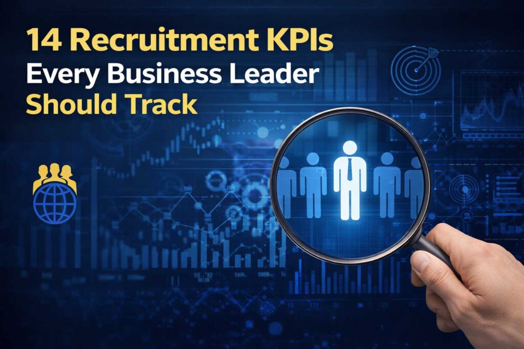 Featured image illustrating recruitment KPIs with a magnifying glass highlighting a candidate profile against a digital analytics dashboard, representing talent acquisition metrics and hiring performance tracking.