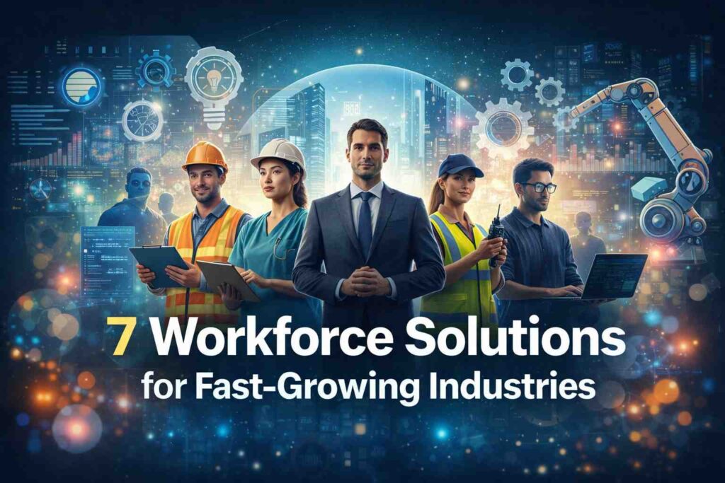 Professionals from healthcare, technology, manufacturing, and logistics industries representing workforce solutions for business growth and talent management.