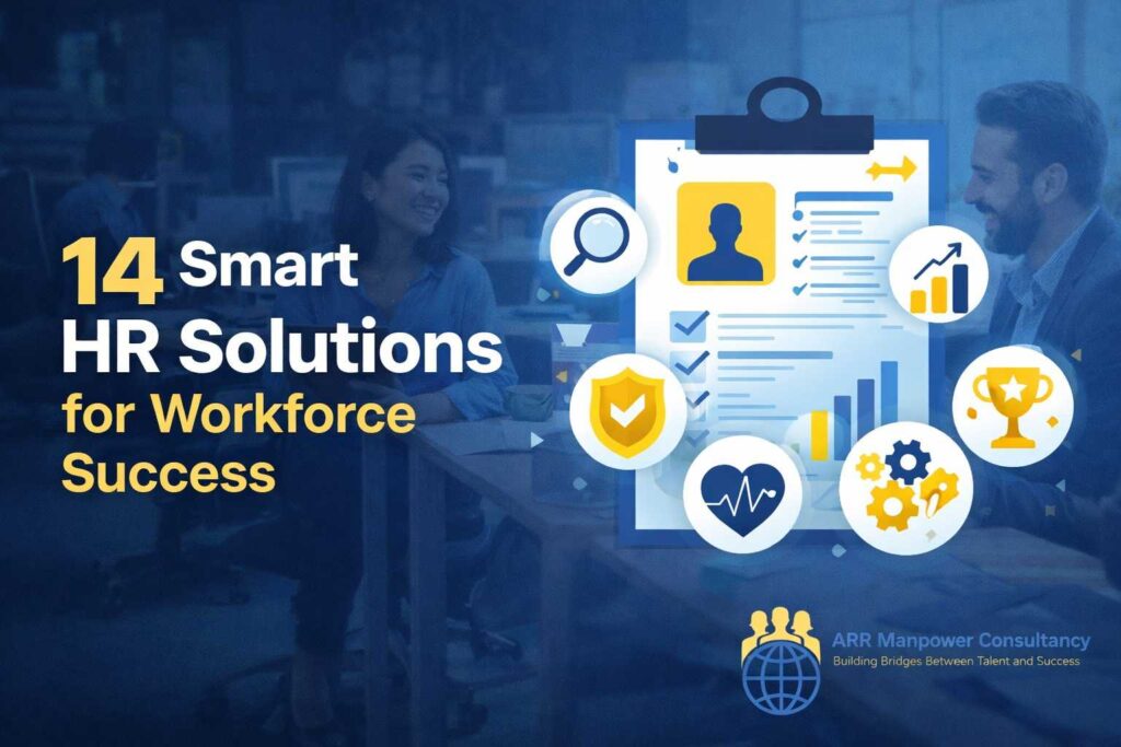 14 Smart HR Solutions for Workforce Success featured image showing recruitment, employee management, workforce analytics, performance tracking, and HR technology tools with ARR Manpower Consultancy branding.