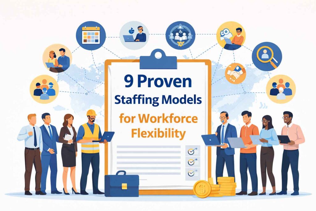 Illustration showing diverse professionals and nine staffing models connected through workforce planning icons, representing workforce flexibility, talent management, and scalable staffing solutions.