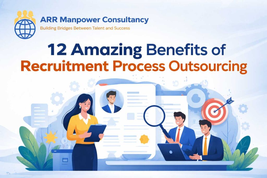 Illustration showing recruitment professionals reviewing candidate profiles and talent acquisition strategies, highlighting the 12 amazing benefits of Recruitment Process Outsourcing for modern businesses.