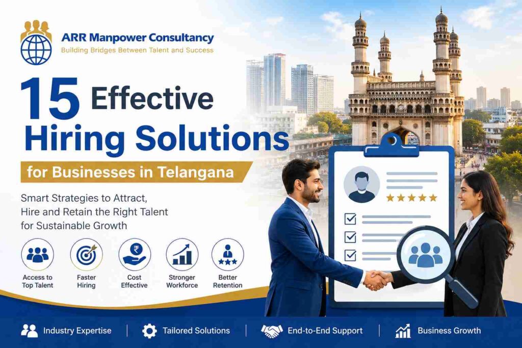 15 Effective Hiring Solutions for Businesses in Telangana by ARR Manpower Consultancy featuring recruitment strategies, talent acquisition, and workforce management.
