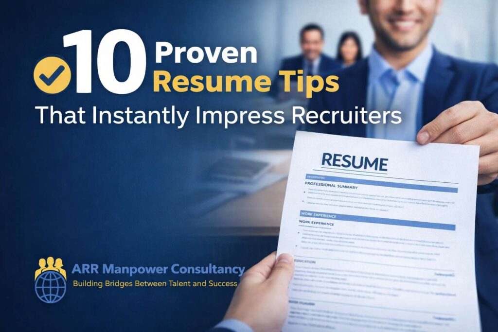 Professional recruiter reviewing a well-crafted resume on a laptop with hiring checklist elements and career growth graphics, illustrating 10 proven resume tips that instantly impress recruiters.