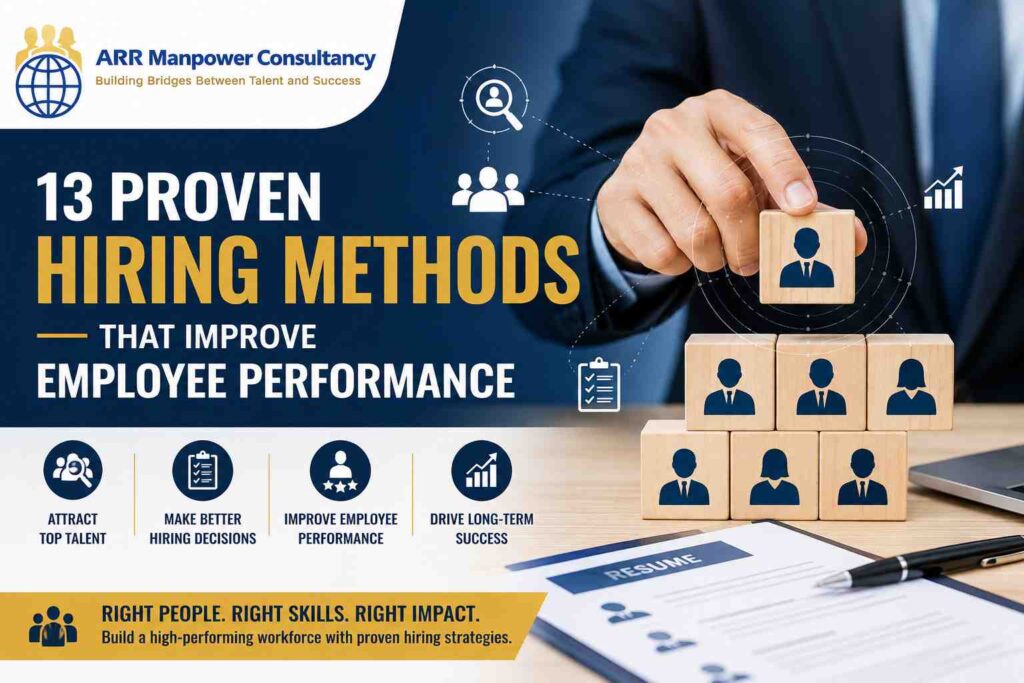 13 Proven Hiring Methods That Improve Employee Performance infographic showing recruitment strategies, candidate selection, talent acquisition, and workforce development by ARR Manpower Consultancy
